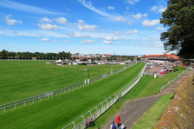 The green track of Chester Racecourse, the Roodee, seen from the city walls